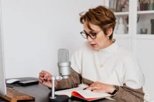 talking on a podcast
