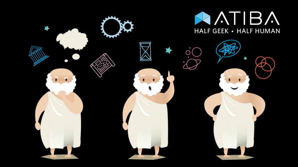 Graphic: Socrates thinking half geek half human