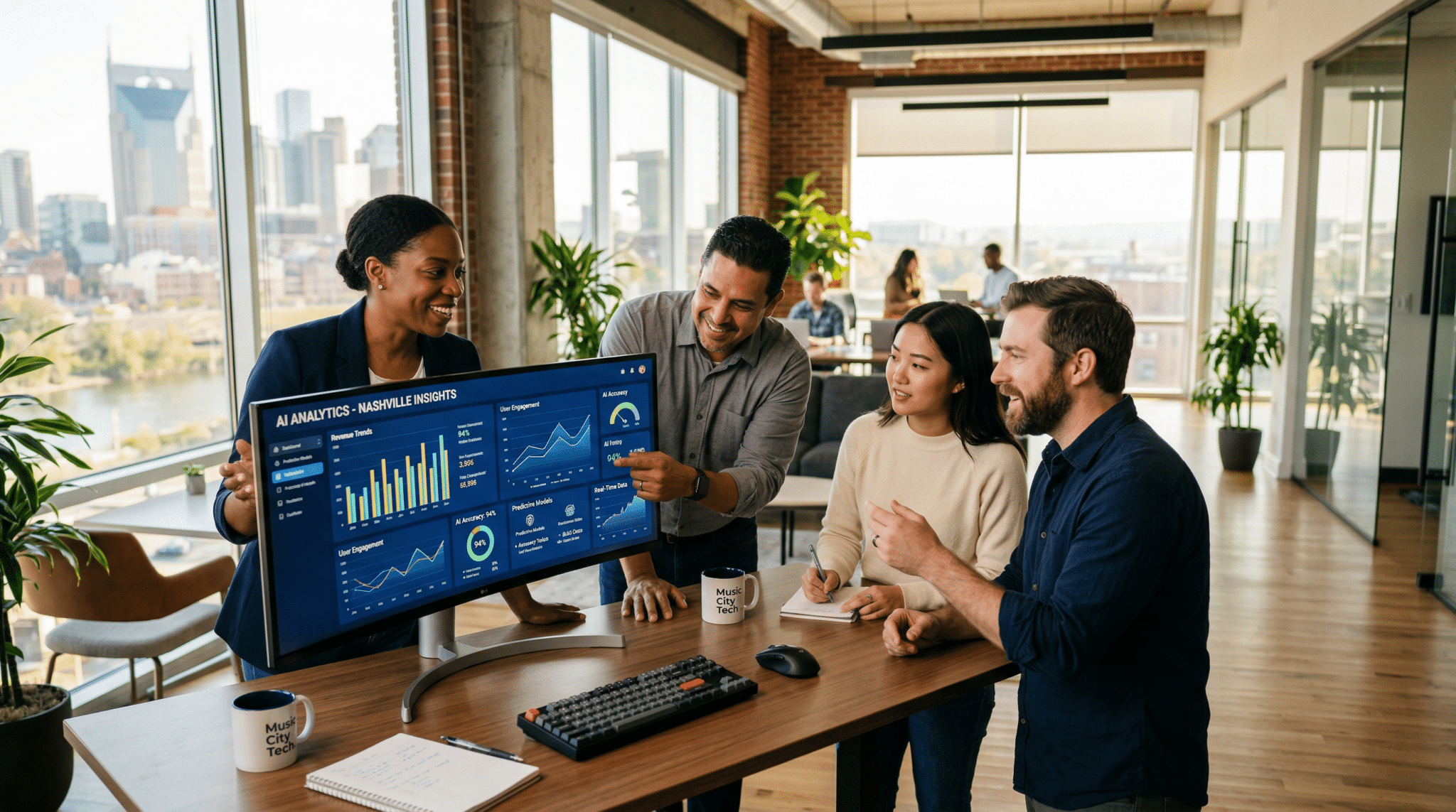 business team analyzing AI development solutions dashboard showing predictive analytics