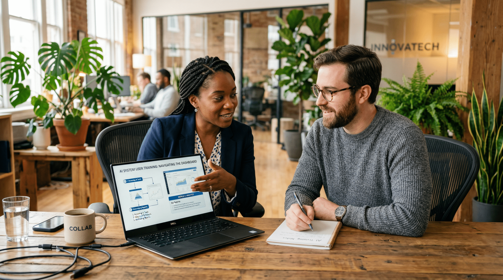 team reviewing AI development solutions implementation addressing user adoption and change management