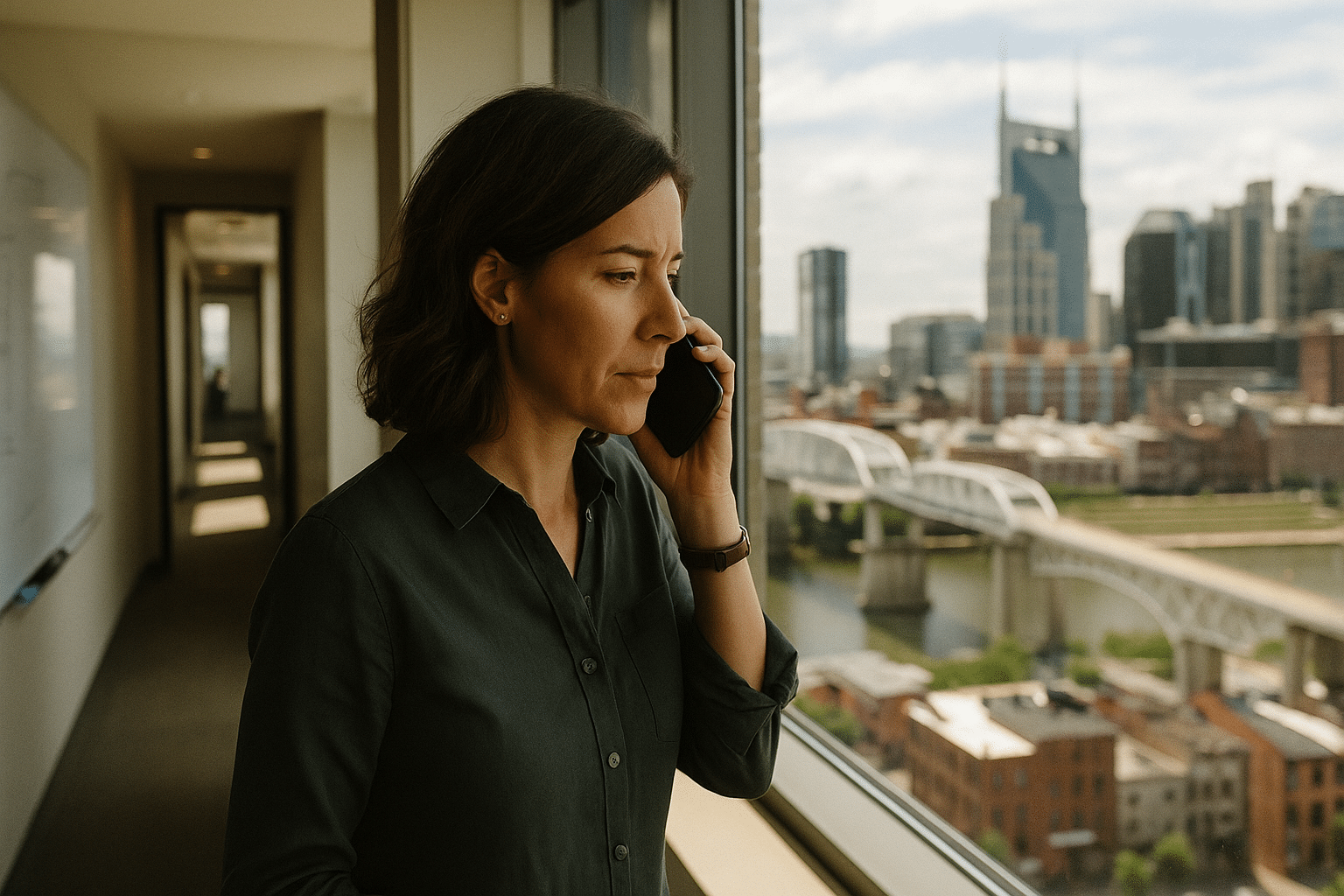 Woman talking on phone, looking out window at Nashville skyline